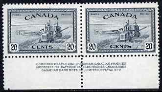 Canada 1946-47 KG6 Peace 20c Combine Harvester marginal pair with imprint from Re-conversion to Peace set unmounted mint SG404
