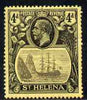 St Helena 1922-37 KG5 Badge Script 4d single with variety 'top 3 lines of shading broken above rock', (stamp 2) mtd mint SG 92var