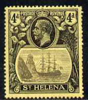 St Helena 1922-37 KG5 Badge Script 4d single with variety 'top 3 lines of shading broken above rock', (stamp 2) mtd mint SG 92var