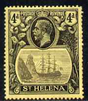 St Helena 1922-37 KG5 Badge Script 4d single with variety 'top 3 lines of shading broken above rock', (stamp 2) mtd mint SG 92var
