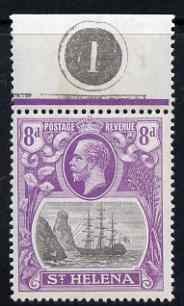 St Helena 1922-37 KG5 Badge Script 8d marginal single with variety 'top 3 lines of shading broken above rock', (stamp 2) unmounted mint SG 105var
