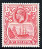 St Helena 1922-37 KG5 Badge Script 1.5d rose-red single with variety 'Top frameline broken above & to right of rock', (stamp 8) also shows massive frame variety 'damage to flax below scroll' mtd mint SG 99var