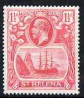 St Helena 1922-37 KG5 Badge Script 1.5d rose-red single with variety 'Top frameline broken above & to right of rock', (stamp 8) also shows massive frame variety 'damage to flax below scroll' mtd mint SG 99var