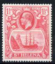St Helena 1922-37 KG5 Badge Script 1.5d rose-red single with variety 'Top frameline broken above & to right of rock', (stamp 8) also shows massive frame variety 'damage to flax below scroll' mtd mint SG 99var
