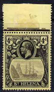 St Helena 1922-37 KG5 Badge MCA 4d marginal single with variety 'Top frameline broken above & to right of rock', (stamp 8) unmounted mint SG 92var