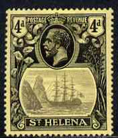 St Helena 1922-37 KG5 Badge MCA 4d single with variety 'Top frameline broken above & to right of rock', (stamp 8) mtd mint SG 92var