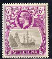 St Helena 1922-37 KG5 Badge Script 6d single with variety 'Bottom vignette frame line broken at left, thinned at centre and left frame line weak at top of rock' (stamp 20) mtd mint SG 104var
