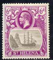 St Helena 1922-37 KG5 Badge Script 6d single with variety 'Bottom vignette frame line broken at left, thinned at centre and left frame line weak at top of rock' (stamp 20) mtd mint SG 104var