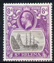 St Helena 1922-37 KG5 Badge Script 8d single with variety 'Bottom vignette frame line broken at left, thinned at centre and left frame line weak at top of rock' (stamp 20) mtd mint SG 105var