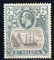 St Helena 1922-37 KG5 Badge Script 2d single with variety 'Bottom vignette frame line broken at left, thinned at centre and left frame line weak at top of rock' (stamp 20) mtd mint SG 100var