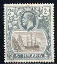 St Helena 1922-37 KG5 Badge Script 2d single with variety 'Bottom vignette frame line broken at left, thinned at centre and left frame line weak at top of rock' (stamp 20) mtd mint SG 100var