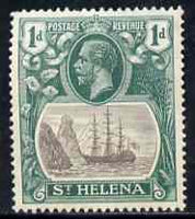 St Helena 1922-37 KG5 Badge Script 1d single with variety 'Bottom vignette frame line broken at left, thinned at centre and left frame line weak at top of rock' (stamp 20) mtd mint SG 98var