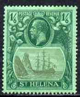 St Helena 1922-37 KG5 Badge Script 1s6d single with variety 'Bottom vignette frame line broken at left, thinned at centre and left frame line weak at top of rock' (stamp 20) mtd mint SG 107var