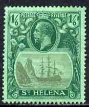 St Helena 1922-37 KG5 Badge Script 1s6d single with variety 'Bottom vignette frame line broken at left, thinned at centre and left frame line weak at top of rock' (stamp 20) mtd mint SG 107var