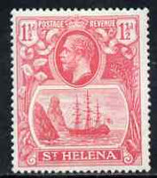 St Helena 1922-37 KG5 Badge Script 1.5d rose-red single with variety 'Top vignette frame line broken, Scratch across 3 lines of shading in front of rock and thin scratch through hull' (stamp 29) mtd mint SG 99var