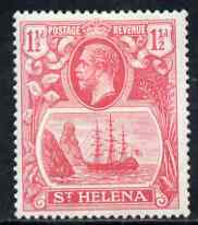 St Helena 1922-37 KG5 Badge Script 1.5d rose-red single with variety 'Top vignette frame line broken, Scratch across 3 lines of shading in front of rock and thin scratch through hull' (stamp 29) mtd mint SG 99var