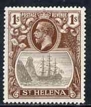 St Helena 1922-37 KG5 Badge Script 1s single with variety '11th line of shading broken to right of mizzen mast and rope broken at top of mizzen peak' (stamp 32) mtd mint SG 106var