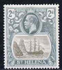 St Helena 1922-37 KG5 Badge Script 2d single with variety '11th line of shading broken to right of mizzen mast and rope broken at top of mizzen peak' (stamp 32) mtd mint SG 100var