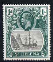 St Helena 1922-37 KG5 Badge Script 1d single with variety 'Diagonal scratch in front of rock, 12th line of shading broken between main 7 mizzen masts and frame line weak at left' (stamp 33) mtd mint SG 98var