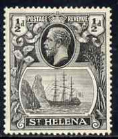 St Helena 1922-37 KG5 Badge Script 1/2d single with variety 'Left vignette frame broken at centre, 8th line of shading broken by mizzen mast & 18th line damaged at right' (stamp 48) mtd mint SG 97var