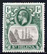 St Helena 1922-37 KG5 Badge Script 1d single with variety 'Left vignette frame broken at centre, 8th line of shading broken by mizzen mast & 18th line damaged at right' (stamp 48) mtd mint SG 98var