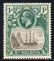 St Helena 1922-37 KG5 Badge Script 1d single with variety 'Cleft rock' (stamp 49) mtd mint with some foxing SG 98c