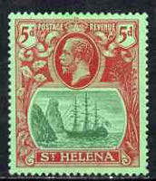 St Helena 1922-37 KG5 Badge Script 5d single with frame variety 'Inner left frame line broken at top' (stamp 58) mtd mint SG 103var