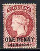 St Helena 1864-73 QV Crown CC P14 1d lake mounted mint but closed tear SG27