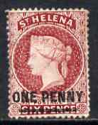 St Helena 1864-73 QV Crown CC P14 1d lake mounted mint but closed tear SG27