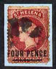 St Helena 1864-73 QV Crown CC P12.5 4d carmine (thick bar words 19mm) used SG15