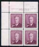 Canada 1949-51 KG6 3c purple (with Postage Postes) corner plate No.14 block of 4 unmounted mint, SG 416