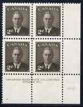 Canada 1950 KG6 2c sepia (without Postage Postes) corner plate No.1 block of 4 unmounted mint, SG 425