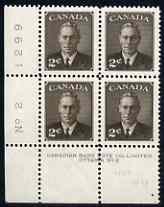 Canada 1950 KG6 2c sepia (without Postage Postes) corner plate No.2 block of 4 unmounted mint, SG 425