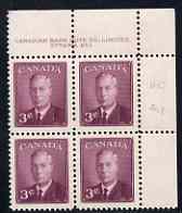 Canada 1950 KG6 3c purple (without Postage Postes) corner plate No.1 block of 4 unmounted mint, SG 426