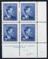 Canada 1950 KG6 5c blue (without Postage Postes) corner plate No.2 block of 4 unmounted mint, SG 428