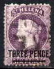 St Helena 1864-73 QV Crown CC P12.5 3d dull violet (thick bar) used SG11