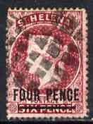 St Helena 1864-73 QV Crown CC P14 x 12.5 4d carmine fine used with cork cancel SG24