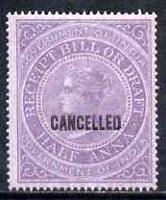 India 1860 QV Receipt Bill or Draft 1/2a lilac opt'd CANCELLED slightly disturbed gum (Revenue)