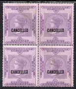 India 1860 QV Receipt Bill or Draft 1a lilac on pink opt'd CANCELLED block of 4 fine with original gum (Revenue)