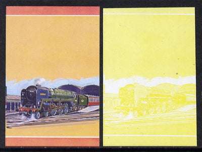 Nevis 1983 Locomotives #1 (Leaders of the World) Britannia $1 unmounted mint se-tenant imperf progressive proof pairs in magenta, yellow & blue and matching pair in yellow only (SG 144a)