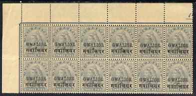 Indian States - Gwalior 1899-1911 QV 3p grey corner block of 12 (6 x 2) from upper left of sheet (rows 1 & 2) with minor broken letters noted, overall toning but unmounted mint SG 39