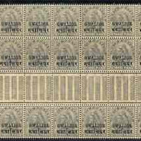 Indian States - Gwalior 1899-1911 QV 3p grey marginal gutter block of 18 (6 x 3) from left of sheet (rows 9, 10 & 11) with minor broken letters noted, overall toning but unmounted mint SG 39