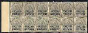 Indian States - Gwalior 1899-1911 QV 3p grey marginal block of 12 (6 x 2) from left of sheet (rows 15 & 16) with minor broken letters noted, overall toning but unmounted mint SG 39