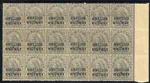 Indian States - Gwalior 1899-1911 QV 3p grey marginal block of 18 (6 x 3) from right of sheet (rows 7, 8 & 9) with minor broken letters noted, overall toning but unmounted mint SG 39