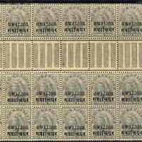 Indian States - Gwalior 1899-1911 QV 3p grey marginal gutter block of 18 (6 x 3) from right of sheet (rows 10, 11 & 12) with minor broken letters noted, damage to two stamps and overall toning but unmounted mint SG 39