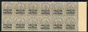Indian States - Gwalior 1899-1911 QV 3p grey marginal block of 12 (6 x 2) from right of sheet (rows 15 & 16) with minor broken letters noted, overall toning but unmounted mint SG 39