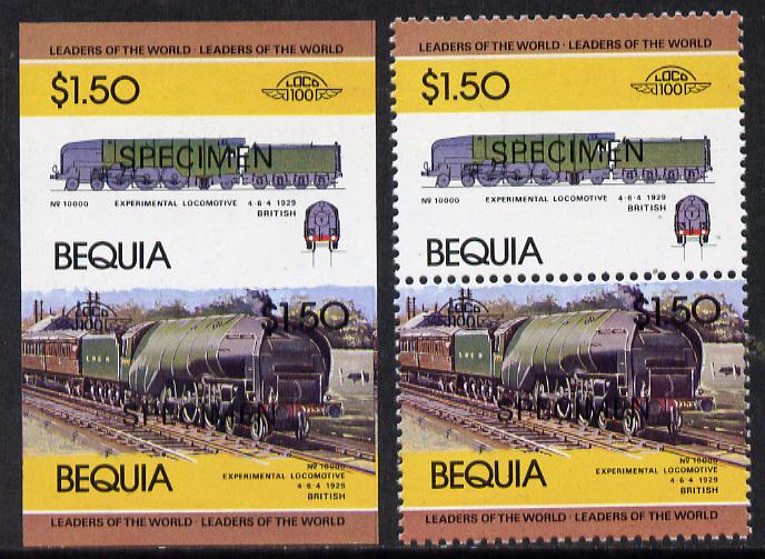 St Vincent - Bequia 1984 Locomotives #1 (Leaders of the World) $1.50 (Experimental Loco) unmounted mint se-tenant matched proof pairs in issued colours overprinted SPECIMEN, perf & imperf (2 prs)