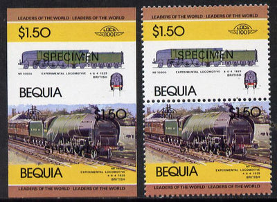 St Vincent - Bequia 1984 Locomotives #1 (Leaders of the World) $1.50 (Experimental Loco) unmounted mint se-tenant matched proof pairs in issued colours overprinted SPECIMEN, perf & imperf (2 prs)