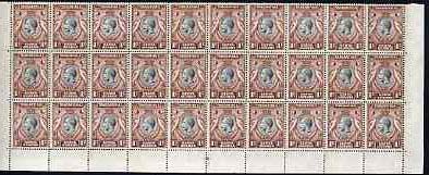 Kenya, Uganda & Tanganyika 1935-37 Crowned Cranes KG5 1c black & red-brown folded block of 30 being the lower 3 rows of the sheet, superb unmounted mint SG 110