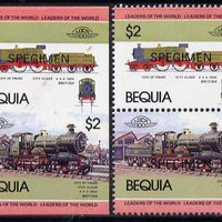 St Vincent - Bequia 1984 Locomotives #1 (Leaders of the World) $2 (City of Truro) unmounted mint se-tenant matched proof pairs in issued colours overprinted SPECIMEN, perf & imperf (2 prs)
